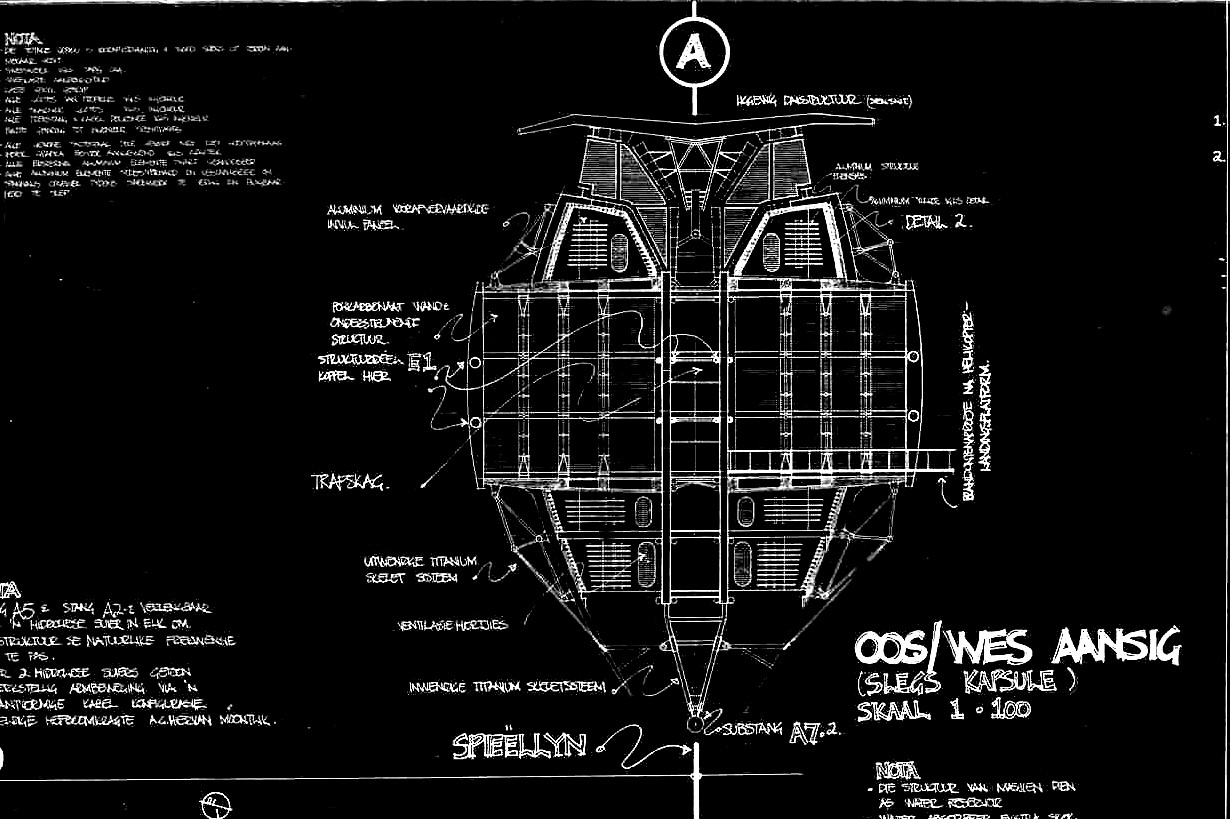 Earthquake Emergency Centre — oos/wes aansig, capsule elevation sheet
